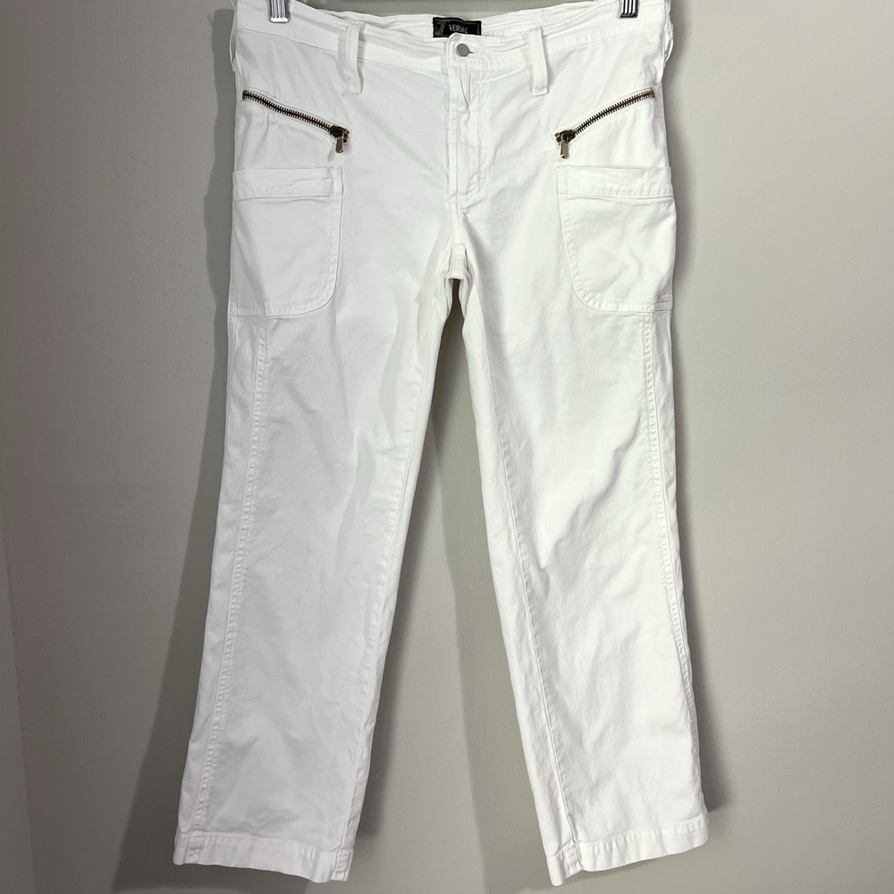 Versace Cropped Straight Leg Jeans Women's Size 30 Denim Zipper Pockets Designer